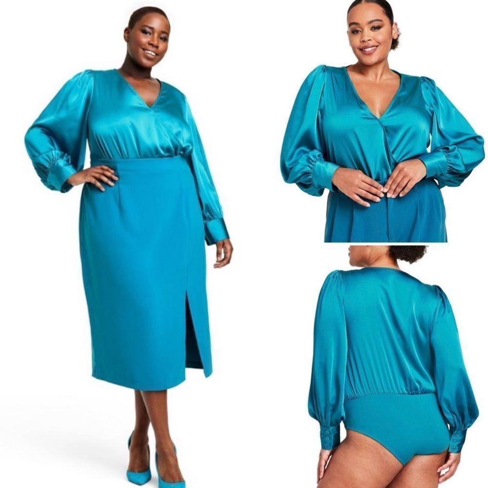 Sergio Hudson x Target Teal Crossover Satin Bodysuit Sz 2X